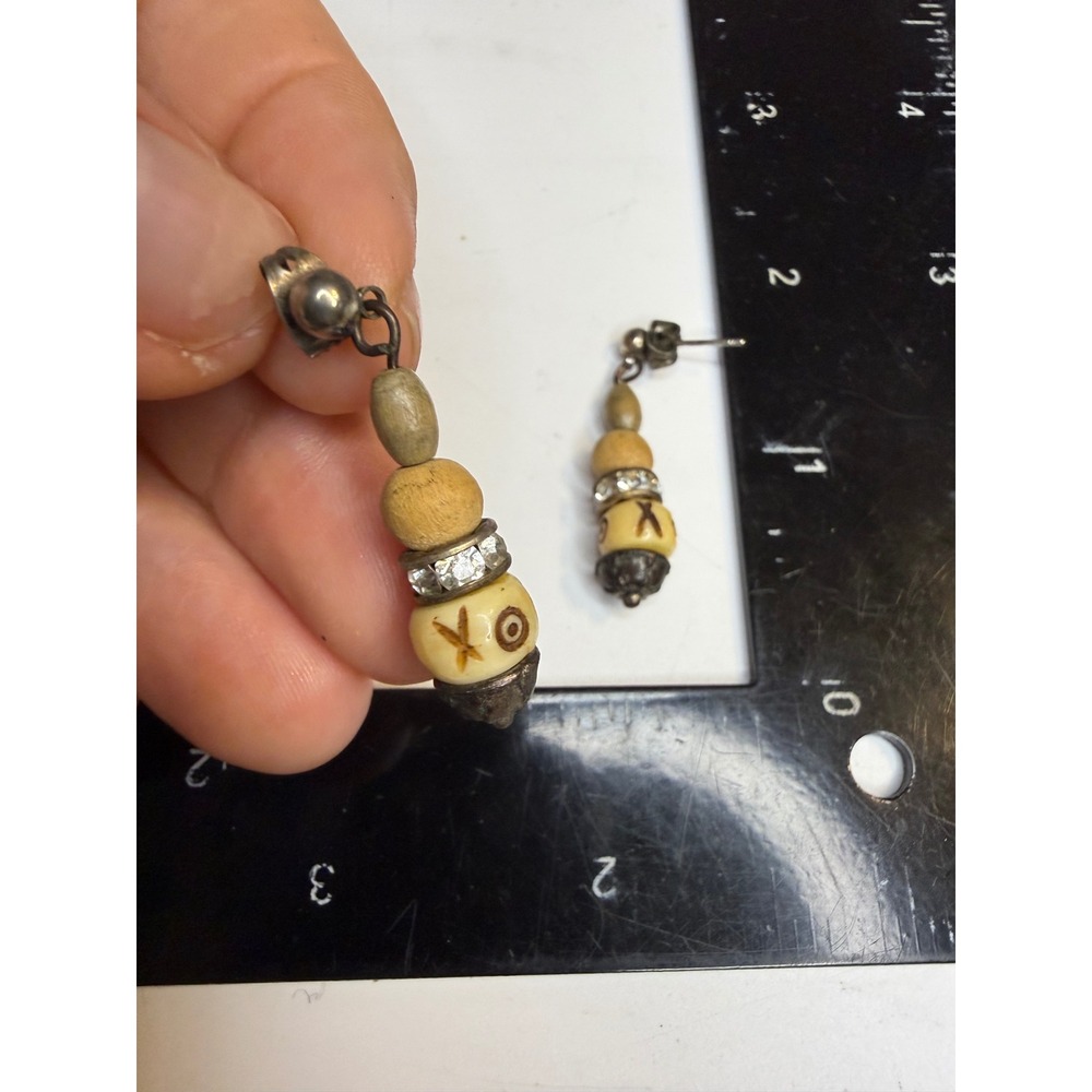 Boho XO Etched Bead Drop Earrings Rhinestone Wood Bone Dangle Silver Tone Post